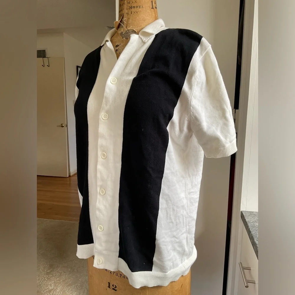 Topman Retro Camp Collar Knit Polo Cardigan, Black/Ivory, XL, MSRP $89 🖤🤍🖤🤍